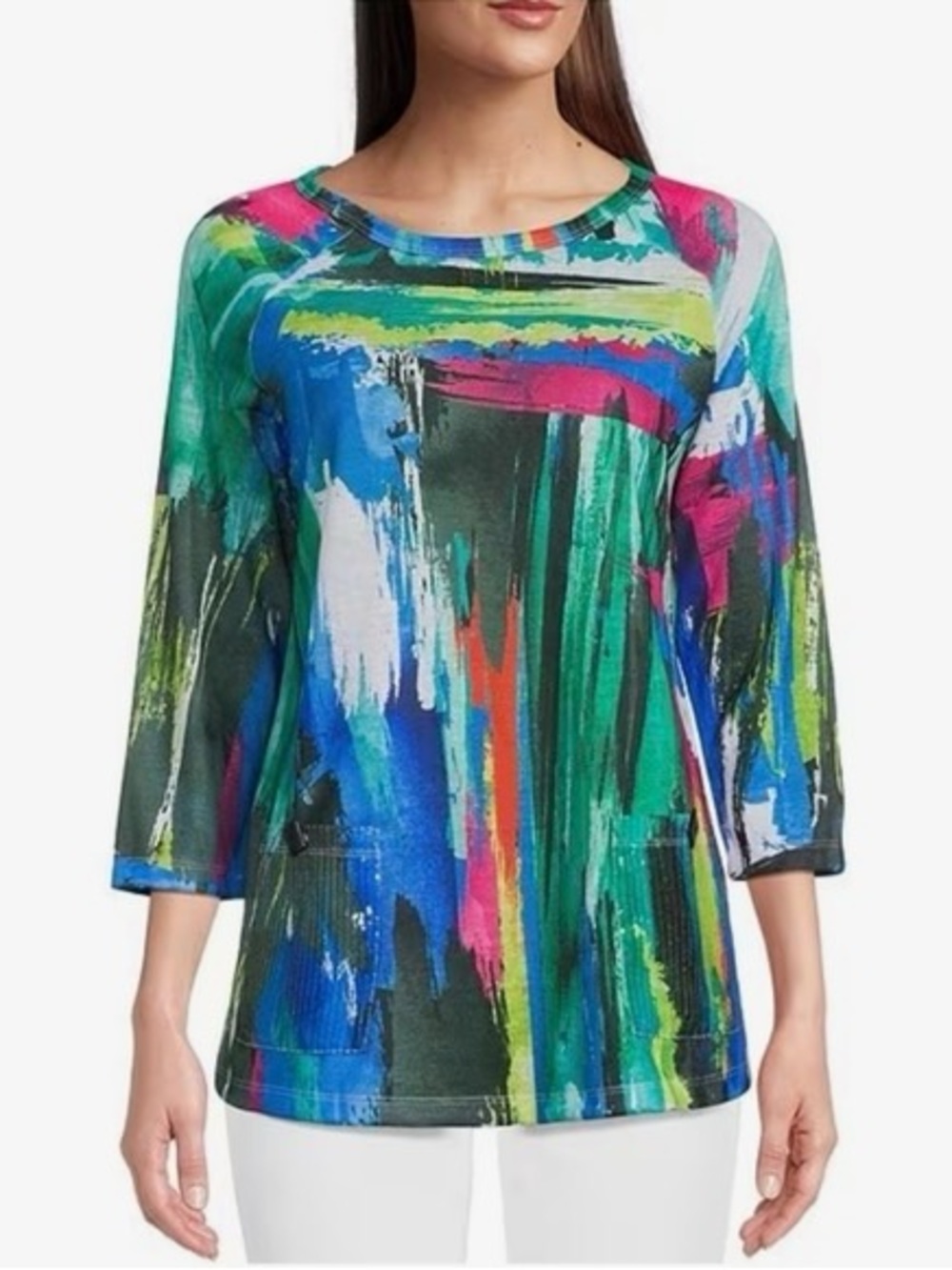Ali Miles Abstract Brushstroke Tunic in Blue Green Pink Lagenlook Artsy size 1X